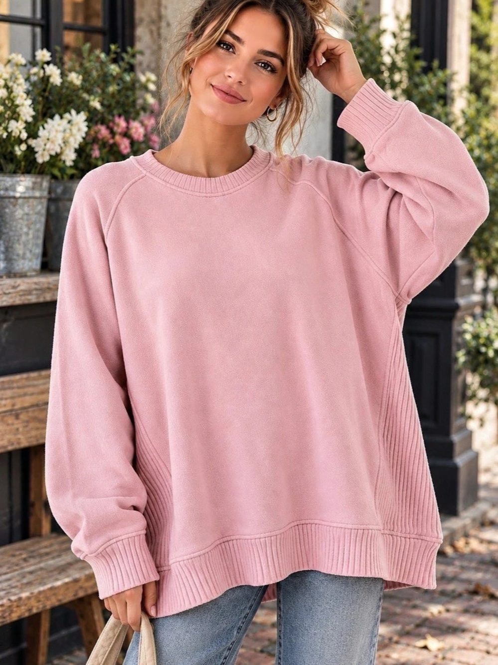 Aerie Down To Earth Pink Oversized Crewneck Sweatshirt Large Coquette Balletcore